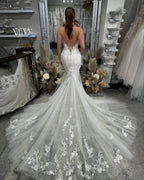 Long Mermaid White Wedding Dress With Lace Spaghetti Straps V Neck