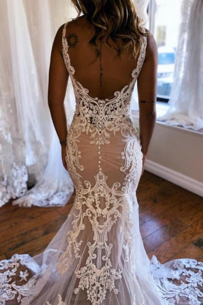 Wunderschönes langes Meerjungfrau-Brautkleid mit V-Ausschnitt, ärmellos, rückenfrei, Spitze und Schleppe