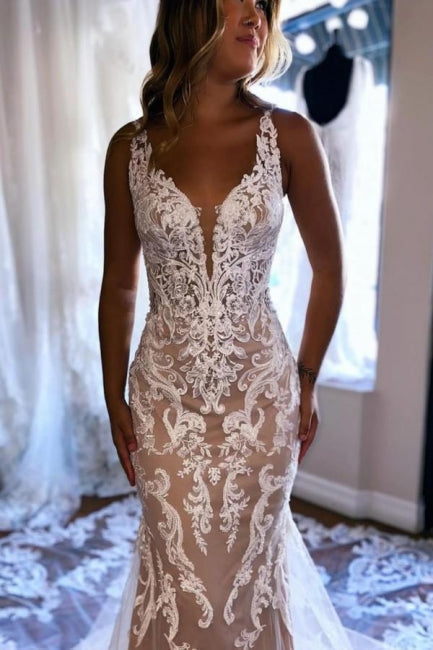 Wunderschönes langes Meerjungfrau-Brautkleid mit V-Ausschnitt, ärmellos, rückenfrei, Spitze und Schleppe