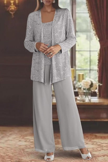 Hermoso vestido largo de encaje con lentejuelas plateadas para madre de la novia con chaqueta