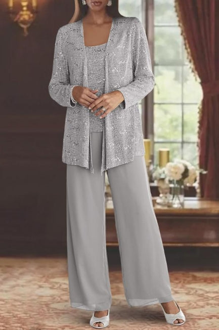 Hermoso vestido largo de encaje con lentejuelas plateadas para madre de la novia con chaqueta