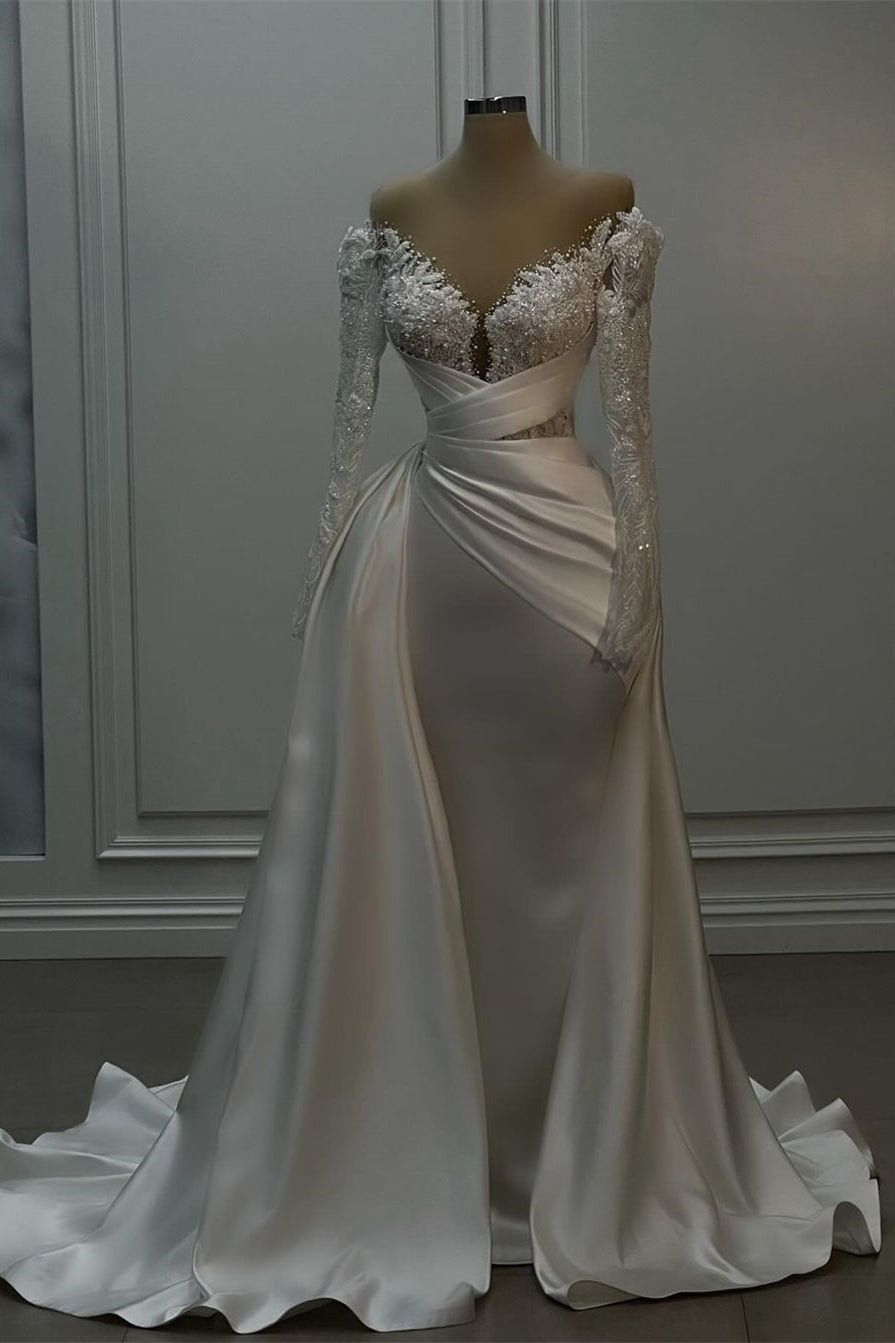 Elegant White Lace Satin A Line Wedding Dress With Long Sleeves