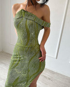 Bellissimo Abito da Sera Verde Lime in Raso con Paillettes, Senza Maniche e Spacco, Stile Sirena