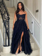 Elegant Black Strapless Tulle Prom Dress With Appliques