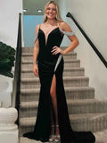 Black Mermaid Cold Shoulder V Neck Beaded Long Prom Dress