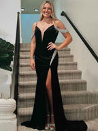 Black Mermaid Cold Shoulder V Neck Beaded Long Prom Dress