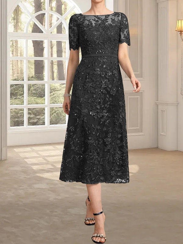 A-Linie, U-Ausschnitt, Illusion, knielang, Spitze, Kleid für die Brautmutter mit Pailletten