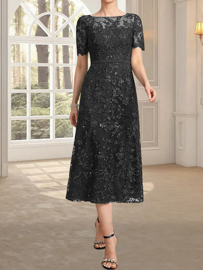 A-Linie, U-Ausschnitt, Illusion, knielang, Spitze, Kleid für die Brautmutter mit Pailletten
