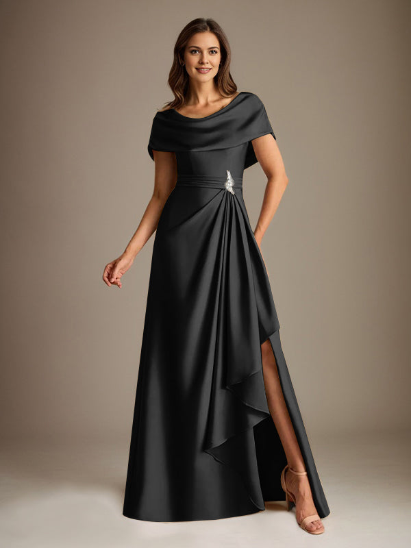 Robe de mère de la mariée en satin extensible, longueur au sol, coupe en A avec encolure dégagée et volants en cascade