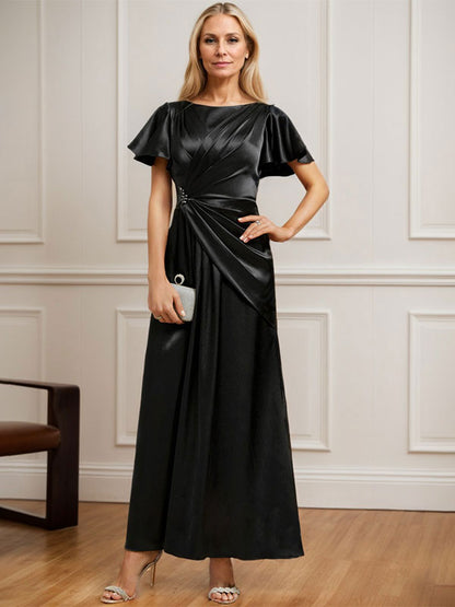 Vestido de madre de la novia de satén elástico con escote redondo y largo hasta los tobillos, con plisado y cuentas 