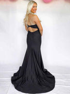 Black Mermaid Strapless Pleated Evening Gown With Rhinestone Bow