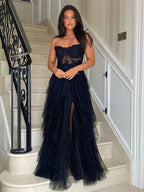 Elegant Black Strapless Tulle Prom Dress With Appliques
