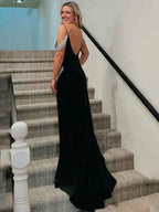 Black Mermaid Cold Shoulder V Neck Beaded Long Prom Dress
