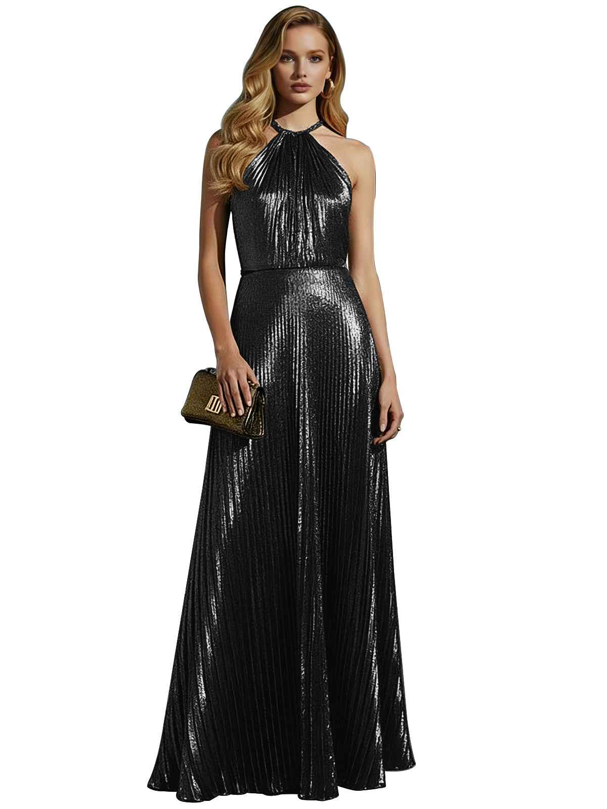 Gold Metallic Halter Pleated Long Prom Dress