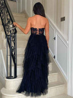 Elegant Black Strapless Tulle Prom Dress With Appliques