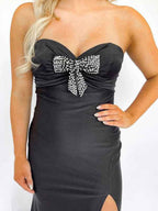 Black Mermaid Strapless Pleated Evening Gown With Rhinestone Bow