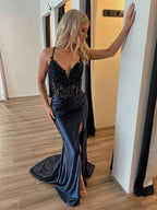 Black Satin Mermaid Prom Dress Long Gown With Applique Bodice