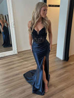 Black Satin Mermaid Prom Dress Long Gown With Applique Bodice