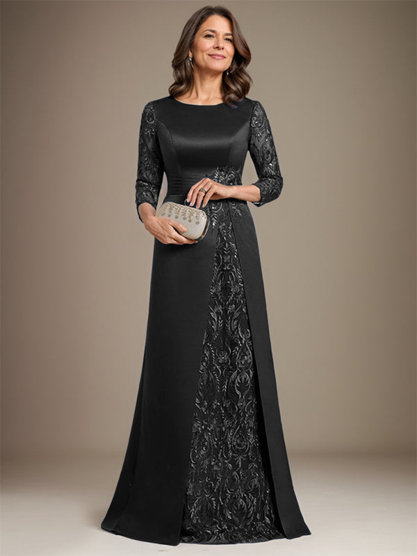 A-Line Scoop Floor-Length Lace Satin Mother Of the Bride Dress With Applique