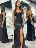 Black Mermaid Strapless Sweetheart Corset Long Prom Dress With Slit