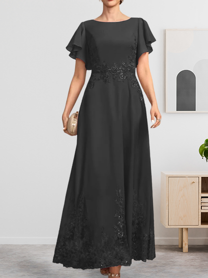 Vestido de gasa con encaje y lentejuelas para madre de la novia, corte A, escote redondo hasta los tobillos