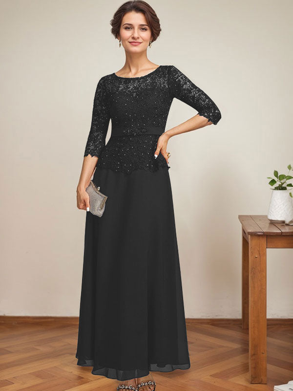 Robe de mère de la mariée en dentelle en mousseline, longueur cheville, coupe trapèze, décolleté illusion en forme de goutte, ornée de perles en strass