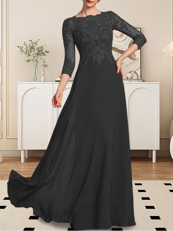 A-Linie U-Ausschnitt Bodenlang Spitzen-Chiffon-Kleid für die Brautmutter mit Pailletten
