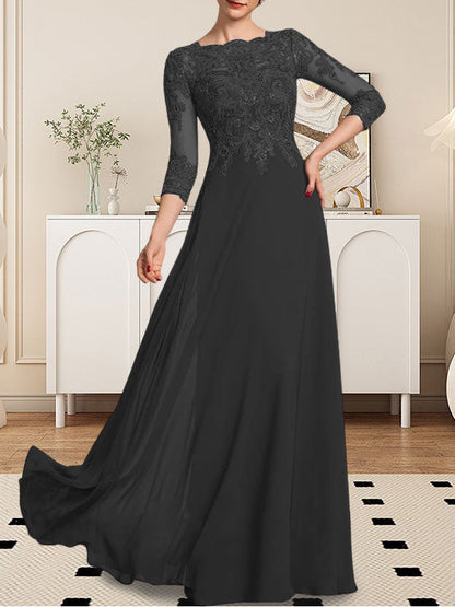 A-Linie U-Ausschnitt Bodenlang Spitzen-Chiffon-Kleid für die Brautmutter mit Pailletten