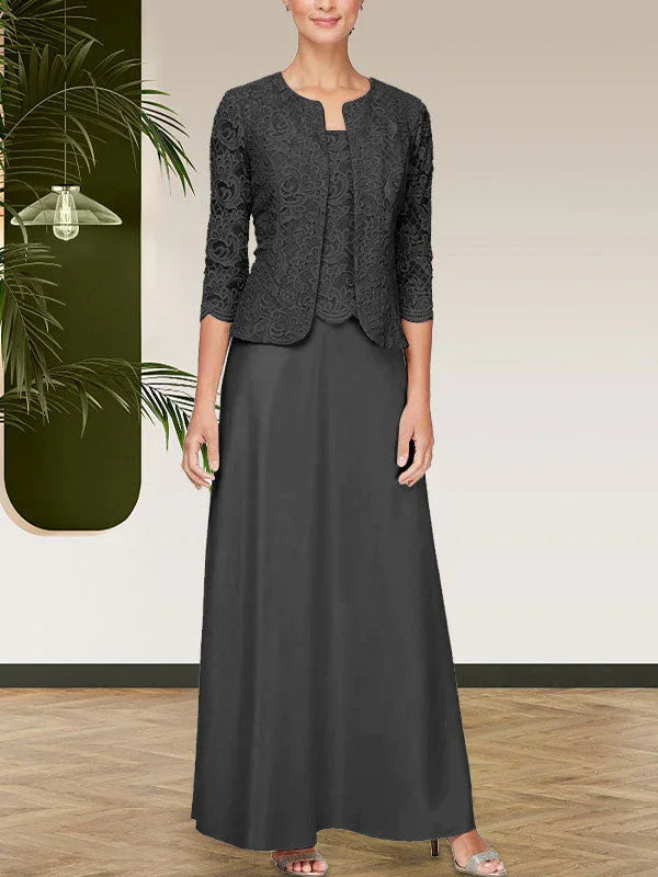 فستان مع جاكيت تنورة من الدانتيل اللامع والساتان مع جاكيت مفتوح