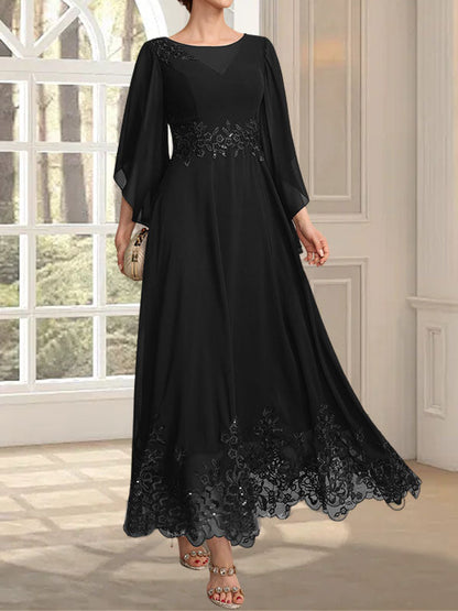 A-Linie, U-Ausschnitt, Illusion, knöchellang, Spitzen-Chiffon, Kleid für die Brautmutter mit Pailletten 