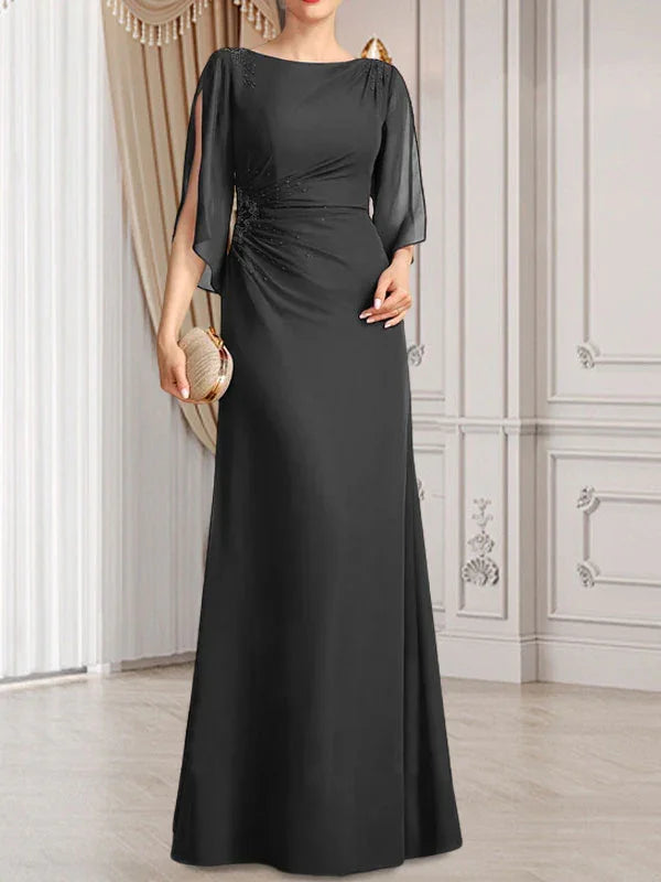 Vestido de madrina de novia de gasa largo hasta el suelo con corte columna y fajín plisado con cuentas