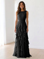 Sky Blue Tiered Chiffon Evening Maxi Dress With Ruched Bodice