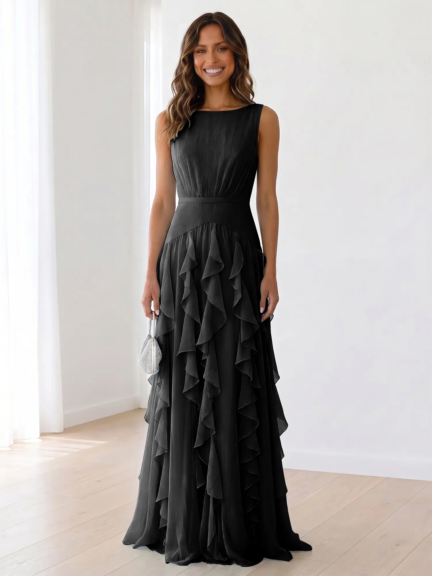Sky Blue Tiered Chiffon Evening Maxi Dress With Ruched Bodice