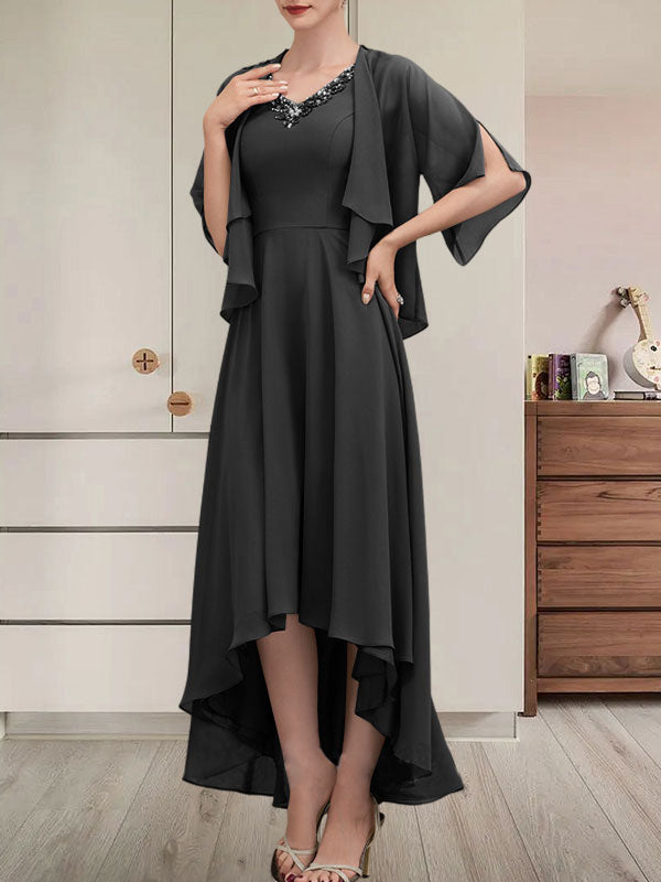 Vestido de gasa asimétrico para madre de la novia con escote en V, corte A y lentejuelas con abalorios