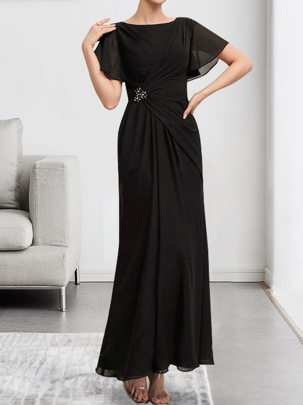 Robe de mère de la mariée en mousseline, longueur cheville, en ligne A, encolure dégagée, ornée de perles et plissée