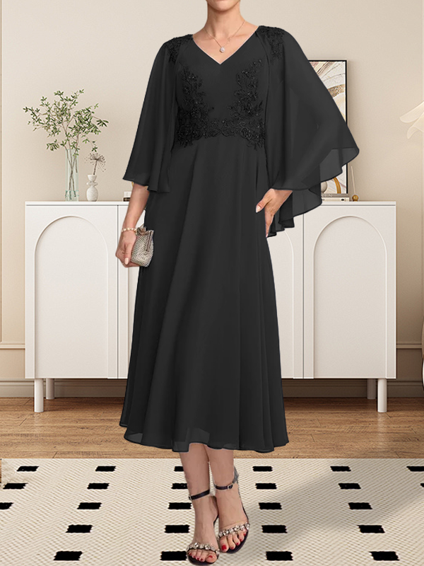 A-Linie, V-Ausschnitt, knielang, Chiffon, Spitze, Kleid für die Brautmutter mit Perlen und Pailletten