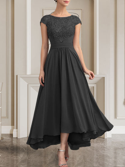 A-Linie U-Ausschnitt Bodenlang Spitzen-Chiffon-Kleid für die Brautmutter mit Pailletten