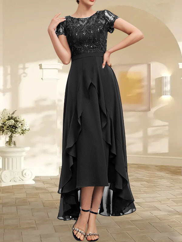 Robe de mère de la mariée en mousseline et dentelle asymétrique illusion à encolure dégagée, coupe en A, avec nœud, volants et paillettes