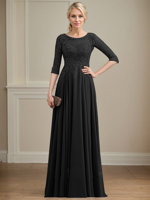A-Linie, U-Ausschnitt, Illusion, bodenlanges Spitzen-Chiffon-Kleid für die Brautmutter mit Pailletten 