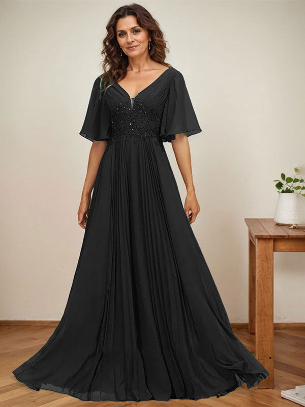A-Linie V-Ausschnitt Bodenlang Chiffon Mutter der Braut Kleid Mit Pailletten Applikationen Spitze Plissee 