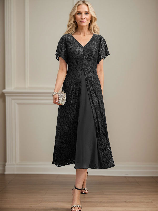 A-Linie V-Ausschnitt Wadenlanges Chiffon-Kleid für die Brautmutter 