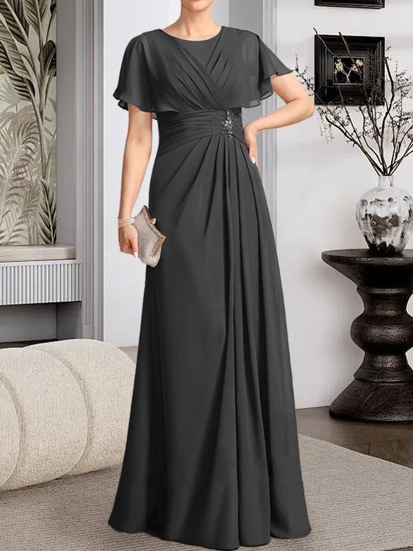 Robe de mère de la mariée en mousseline, longueur au sol, en ligne A, décolleté arrondi, ornée de perles plissées