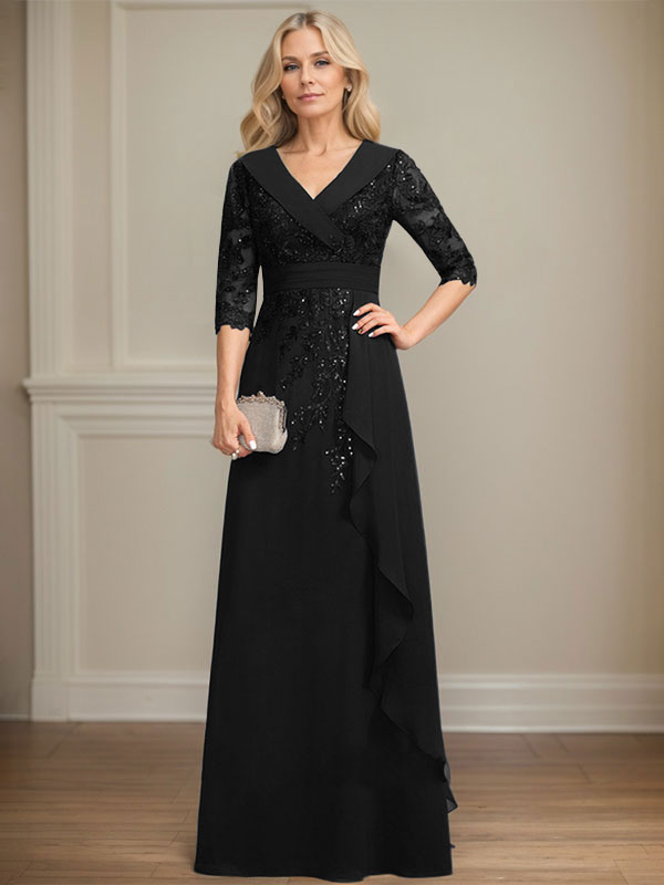 Robe de mère de la mariée en mousseline de soie à col en V, longueur au sol, ligne A, avec dentelle, paillettes et volants en cascade