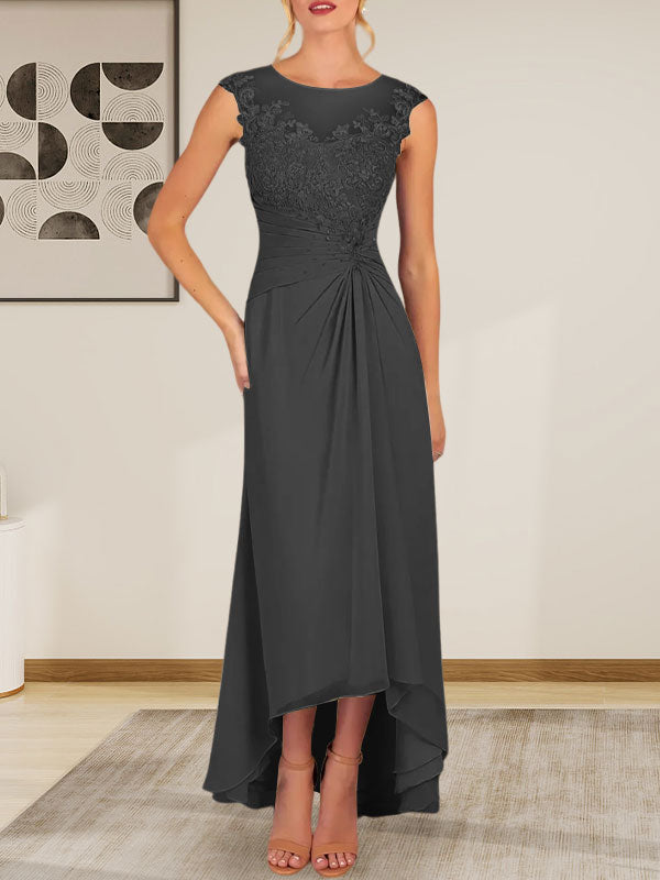 Champagne A-Line Scoop Lace Chiffon Dress