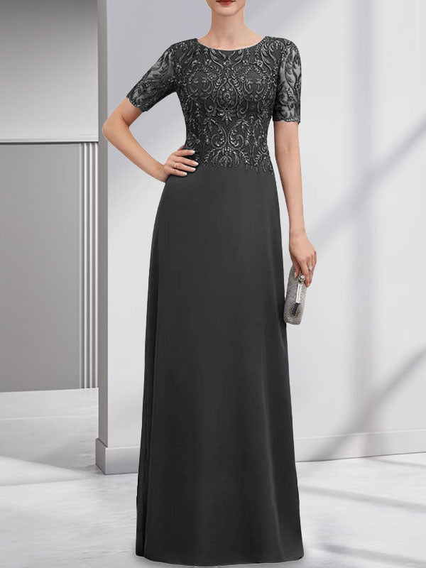 Robe de mère de la mariée en dentelle et mousseline, longueur au sol, en ligne A, décolleté en U, ornée de paillettes