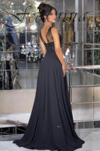 Black A Line Prom Dress With Lace Corset And High Slit Chiffon Skirt