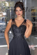 Black A Line Prom Dress With Lace Corset And High Slit Chiffon Skirt
