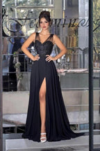 Black A Line Prom Dress With Lace Corset And High Slit Chiffon Skirt