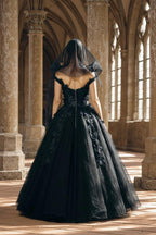Gothic Black Ball Gown Wedding Dress Off Shoulder Deep V Lace Applique Tulle