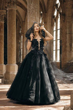 Gothic Black Ball Gown Wedding Dress Off Shoulder Deep V Lace Applique Tulle
